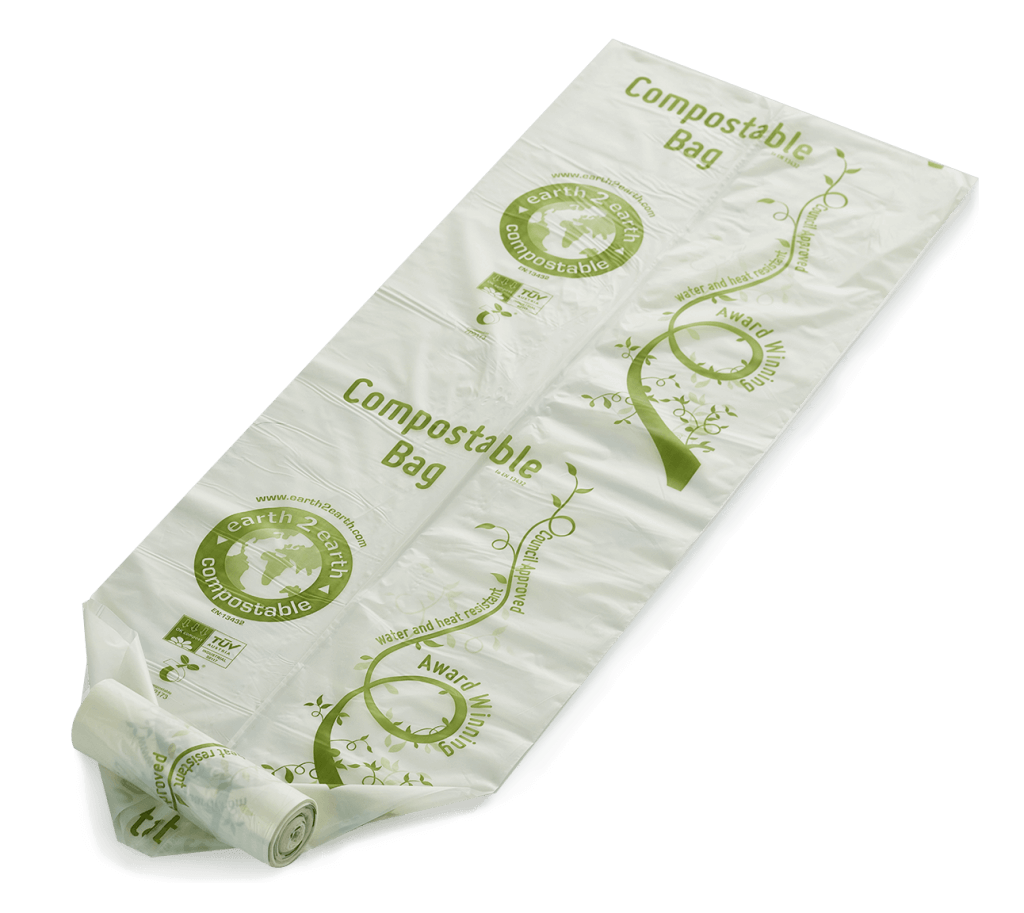 Earth2Earth clear Compostable Bag - Flat View - with design of green earth2earth logo reading compostable and a green vine growing with award winning, water and heat resistant and council approved.

Clearly Superior Compostable Bags, Sacks, Liners and Films